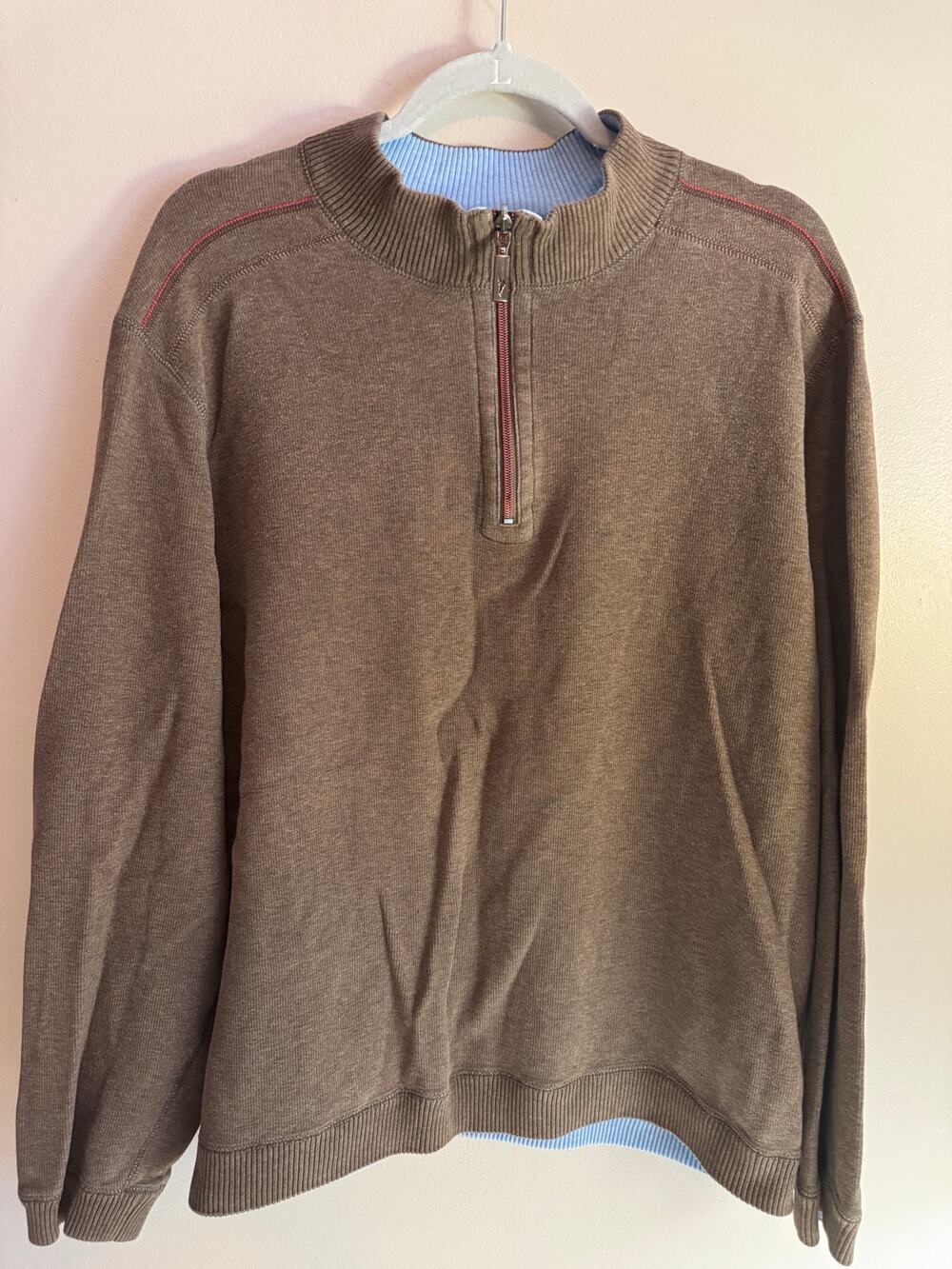 Tommy Bahama Brown Quarter Zip Sweater Blue Trim Men’s
